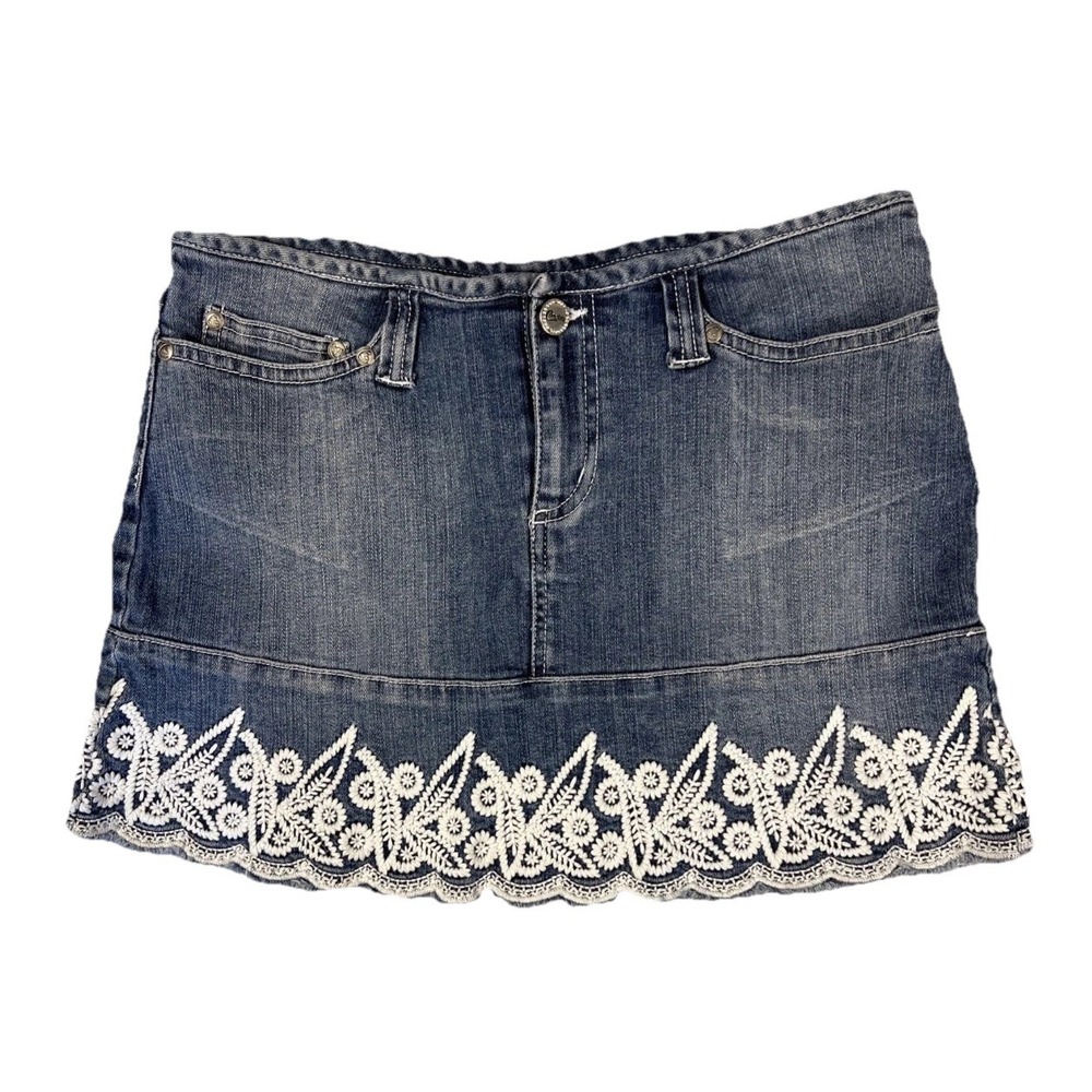 Vintage Y2K Candie's Denim Micro Mini Skirt Sz 7 Low Rise Crochet Lace Hem Boho